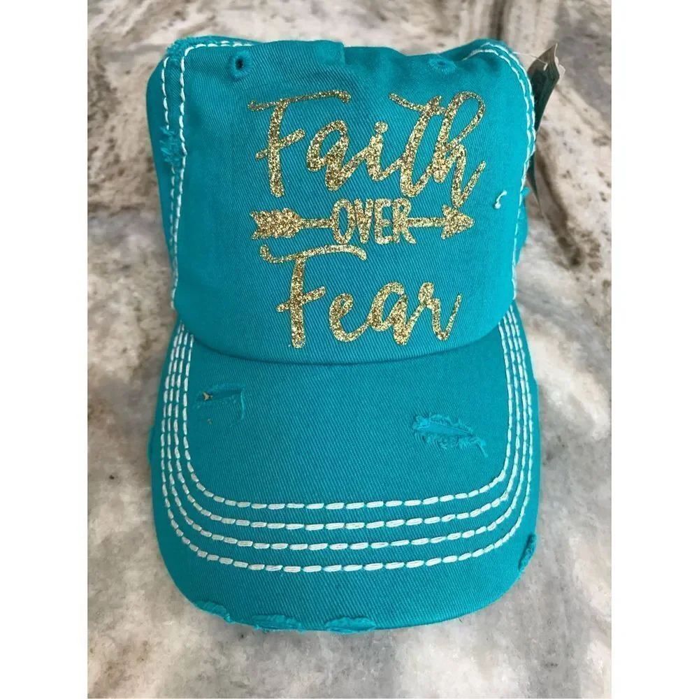 Baseball Cap turquoise Faith over Fear in Gold Glitter #distressed